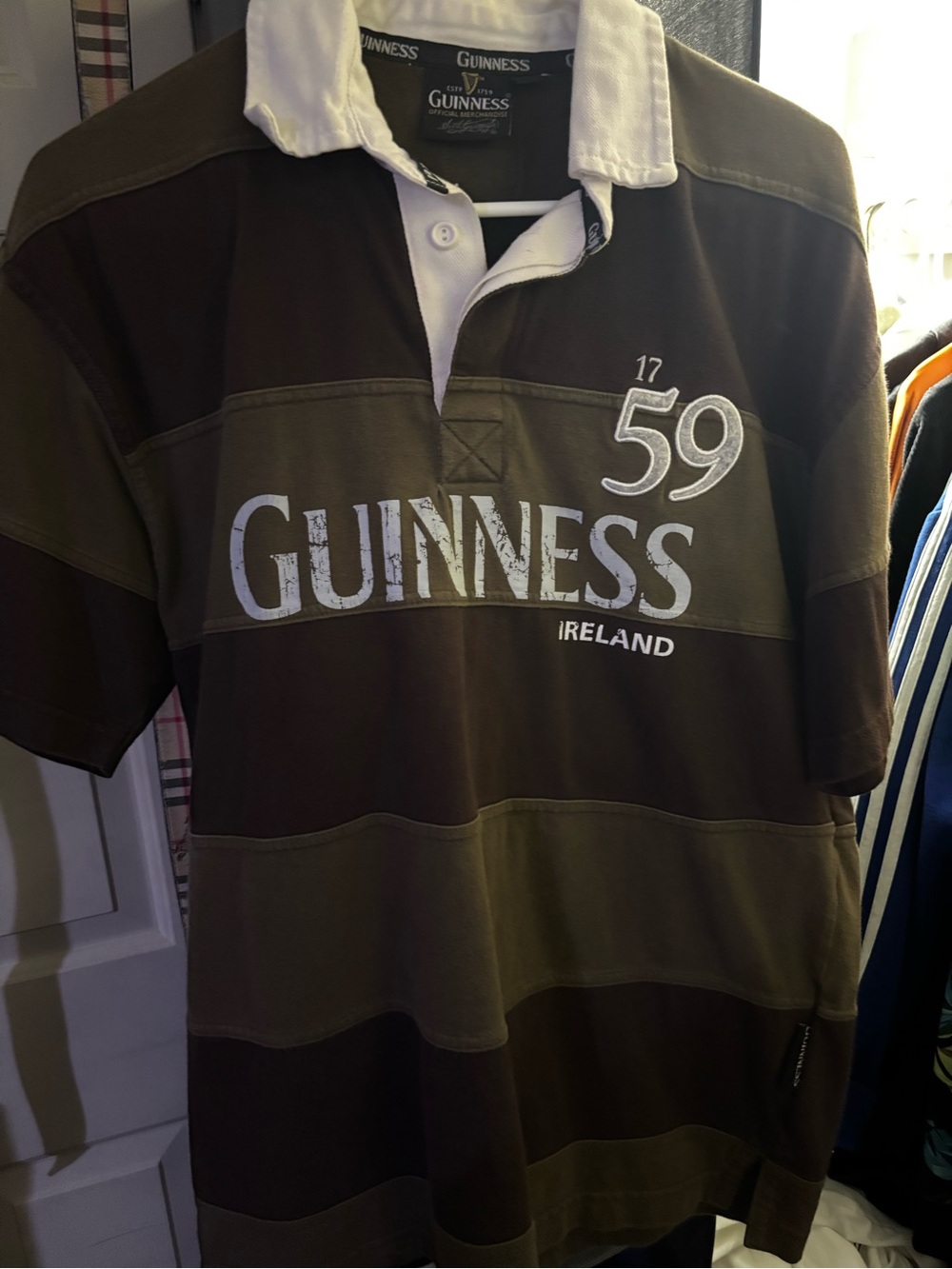 Guinness Olive and Dark Brown Striped Rugby Polo with White Collar